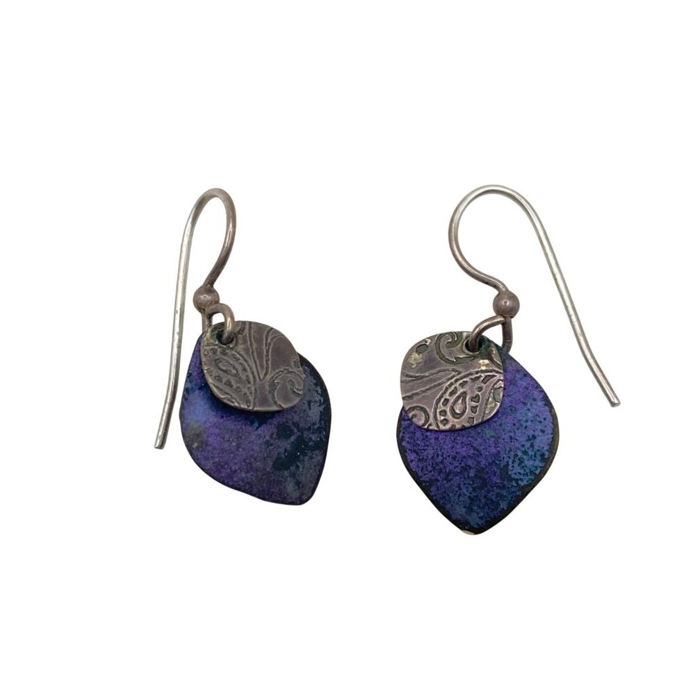 Vintage Sterling Silver Iridescent Metal Dangle Earrings Etched Paisley Boho